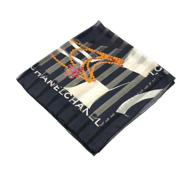 Chanel 80s Jewelry Madame Coco Black and Ecru Square Silk Scarf W/Box - Picture 11 of 16